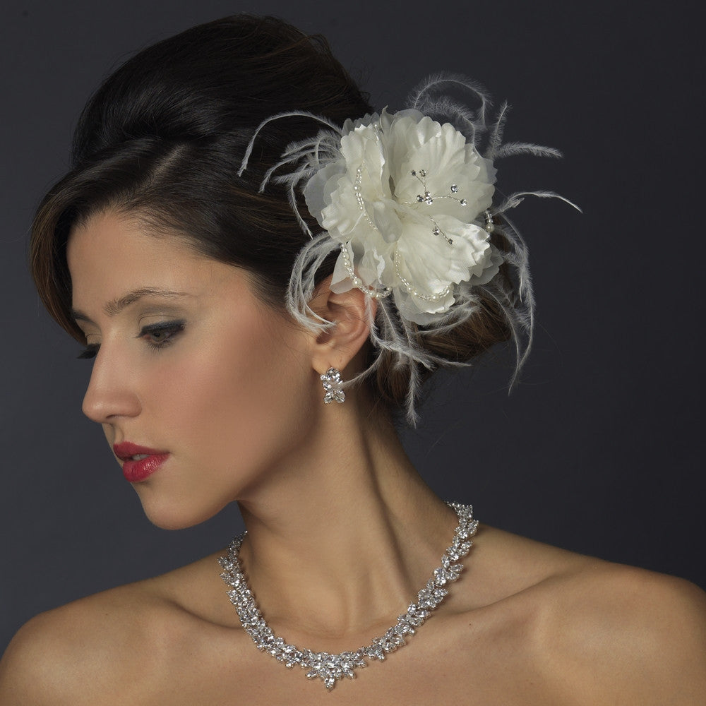 Diamond White Flower Organza & Feathers