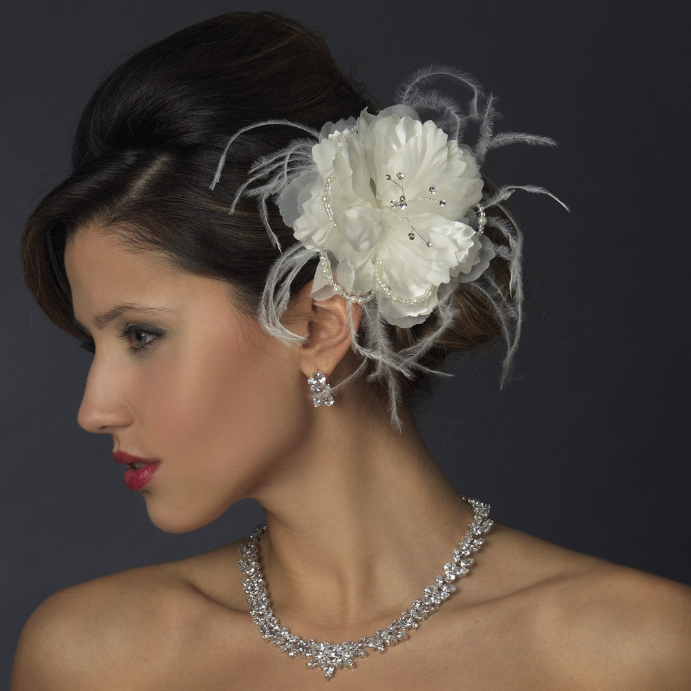 Diamond White Flower Organza & Feathers