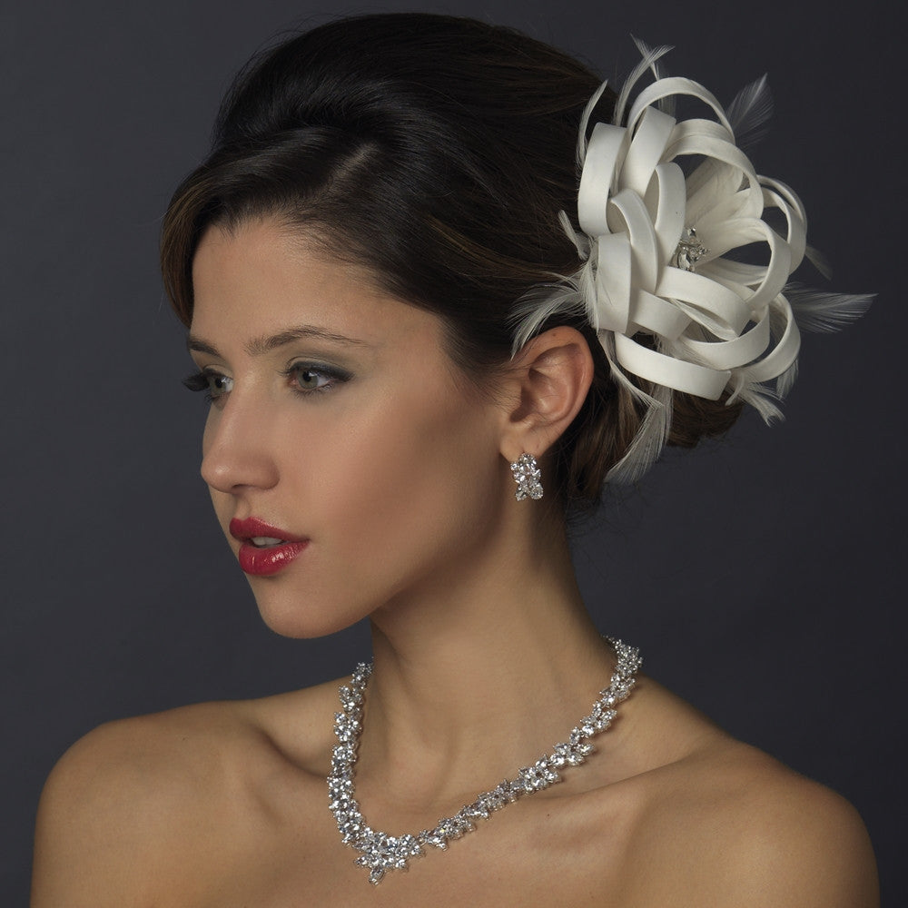 Diamond White Satin Ribbon Rhinestone Bridal Wedding Hair Clip with Feathers