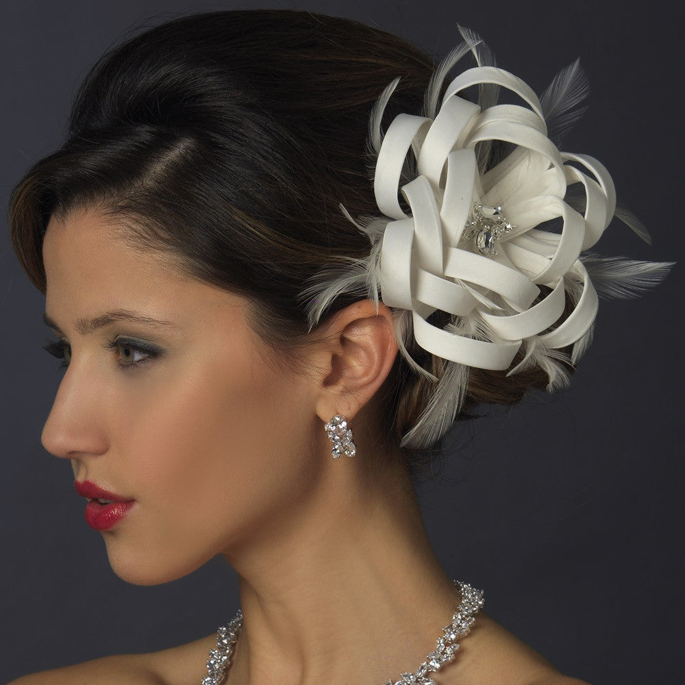 Diamond White Satin Ribbon Rhinestone Bridal Wedding Hair Clip with Feathers