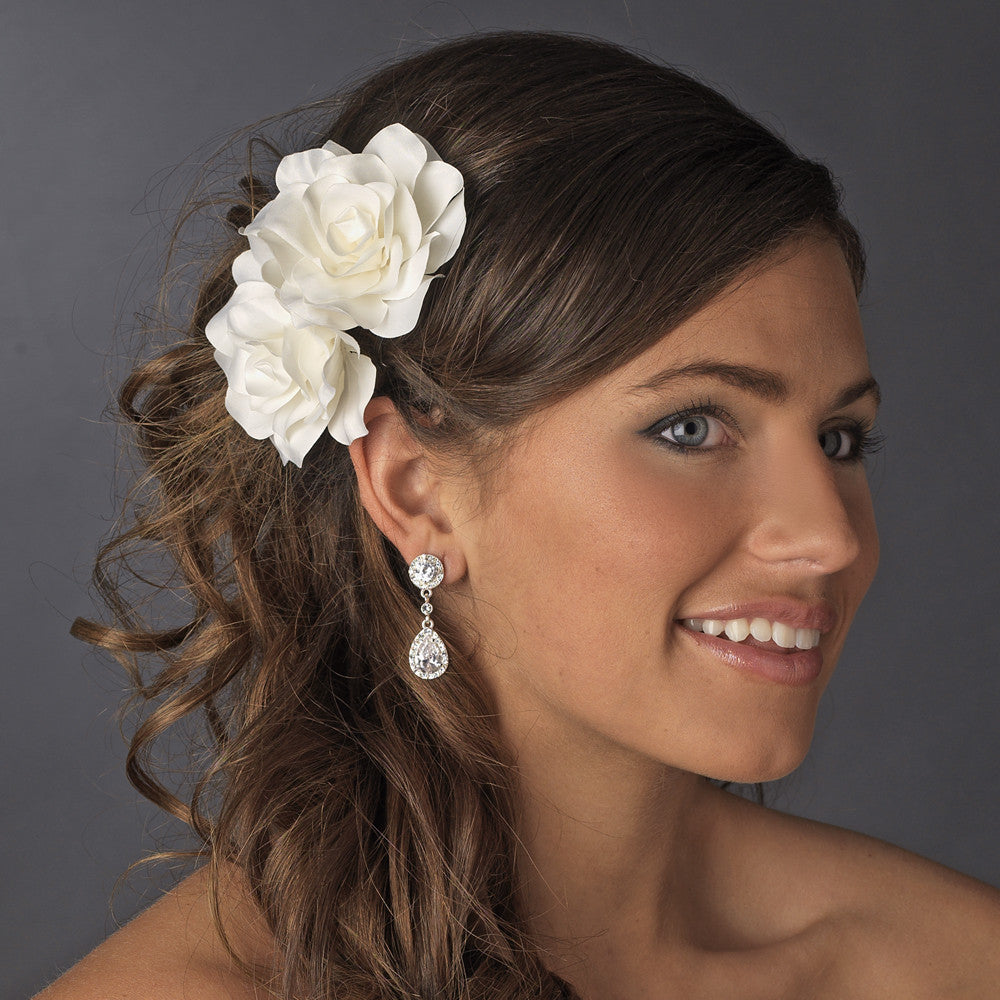 Graceful White or Ivory Double Flower Bridal Wedding Hair Clip or Bridal Wedding Hair Comb 5690