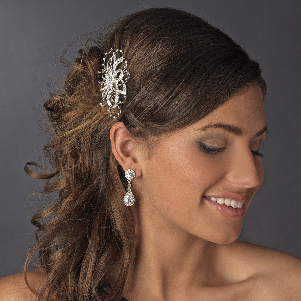 Lovely Silver Clear Rhinestone Floral Bridal Wedding Hair Comb 9825