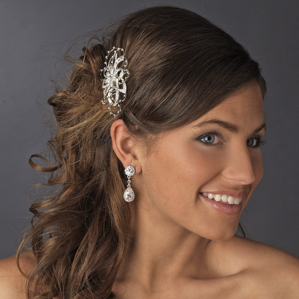 Lovely Silver Clear Rhinestone Floral Bridal Wedding Hair Comb 9825