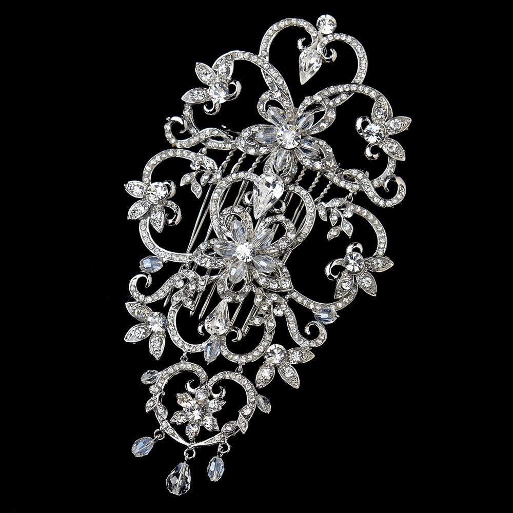 Rhodium Clear Floral Rhinestone Bridal Wedding Hair Comb