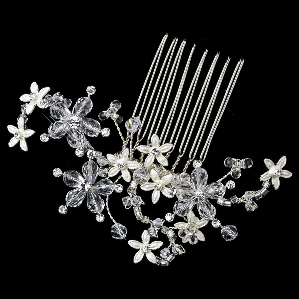 Silver White Flower Bridal Wedding Hair Comb with Rhinestones & Swarovski Crystal Beads