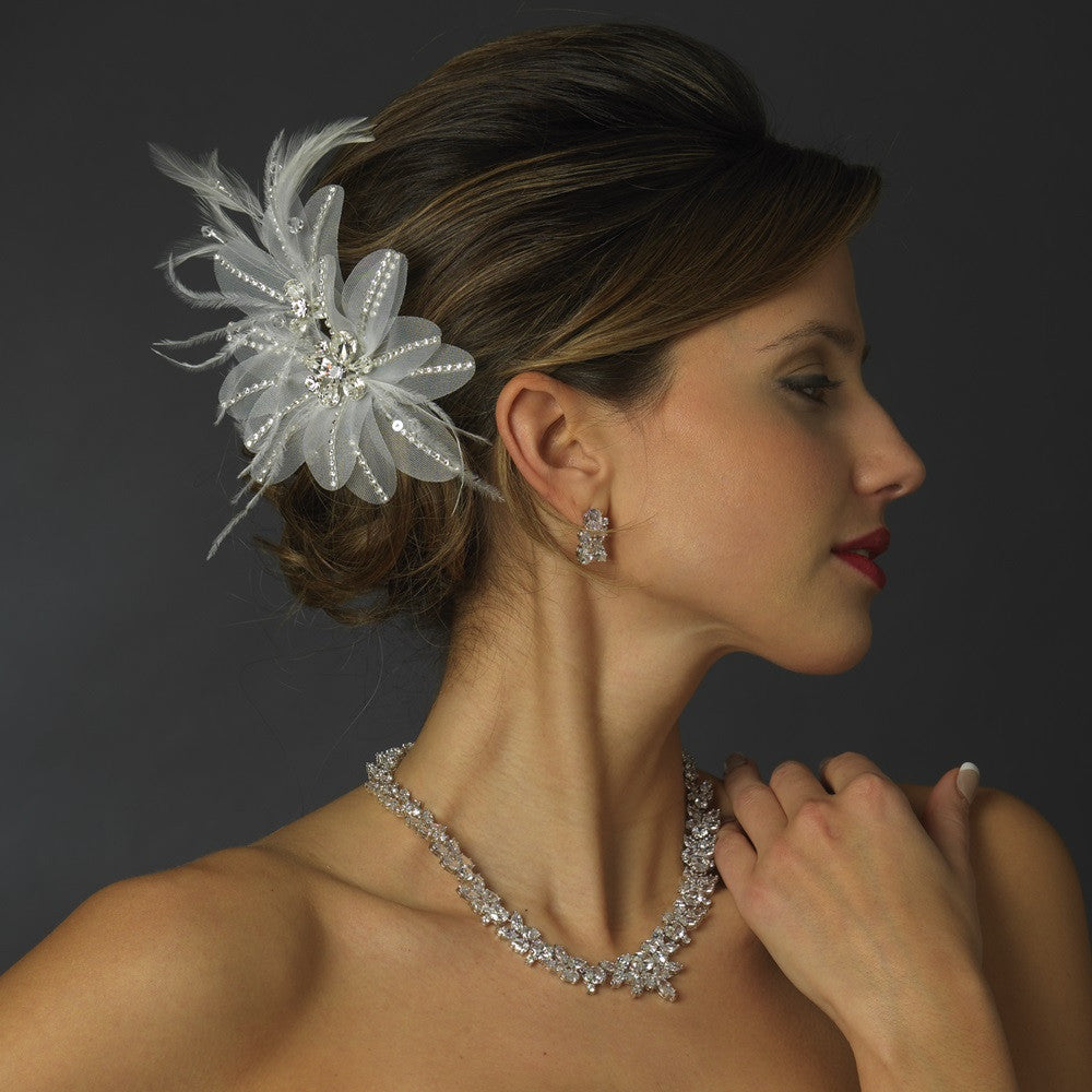 * Silver Ivory Feather, Crystal & Rhinestone Flower Bridal Wedding Hair Clip 2664