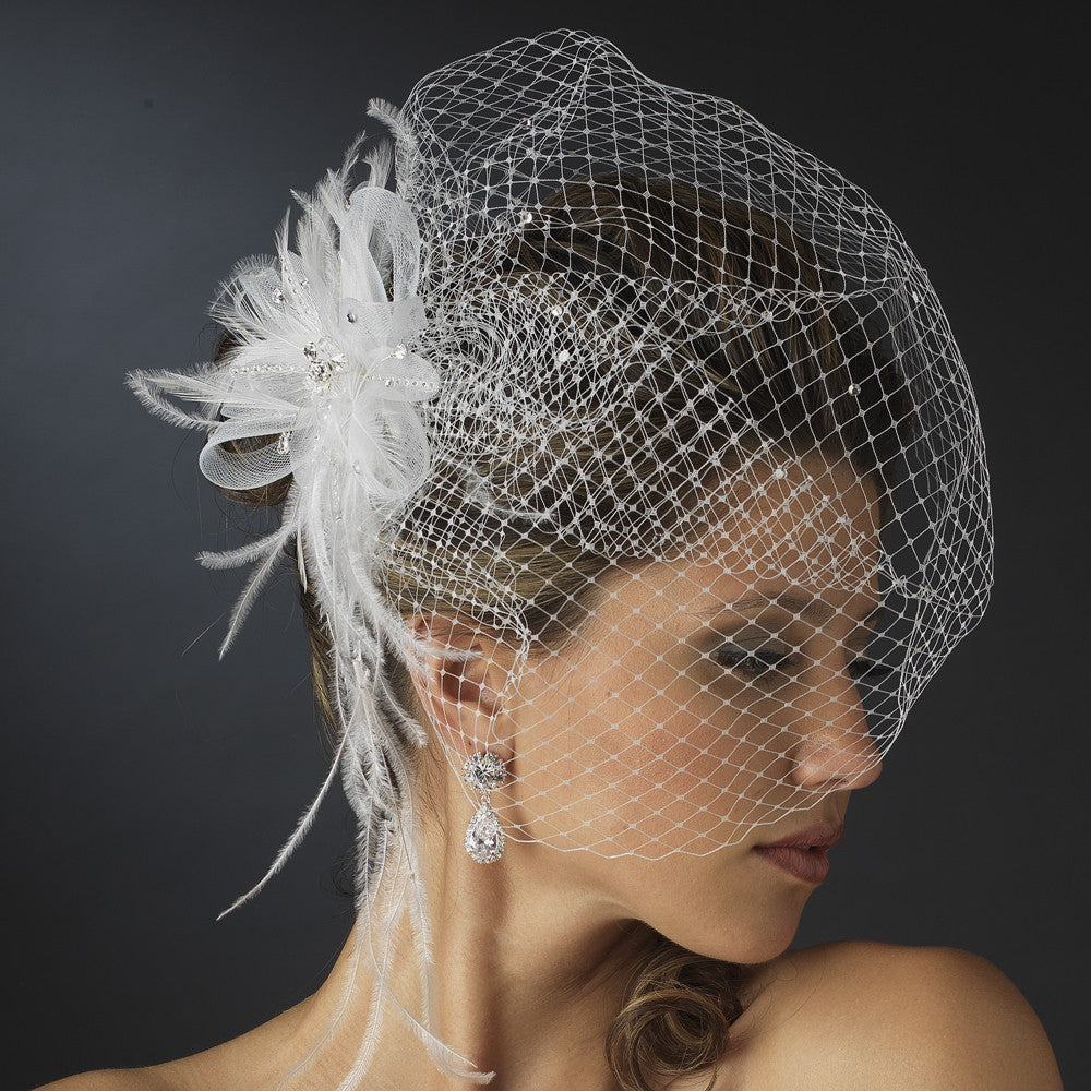 * Jeweled Feather Fascinator V Cage 3631 w/ Russian Bridal Wedding Veil