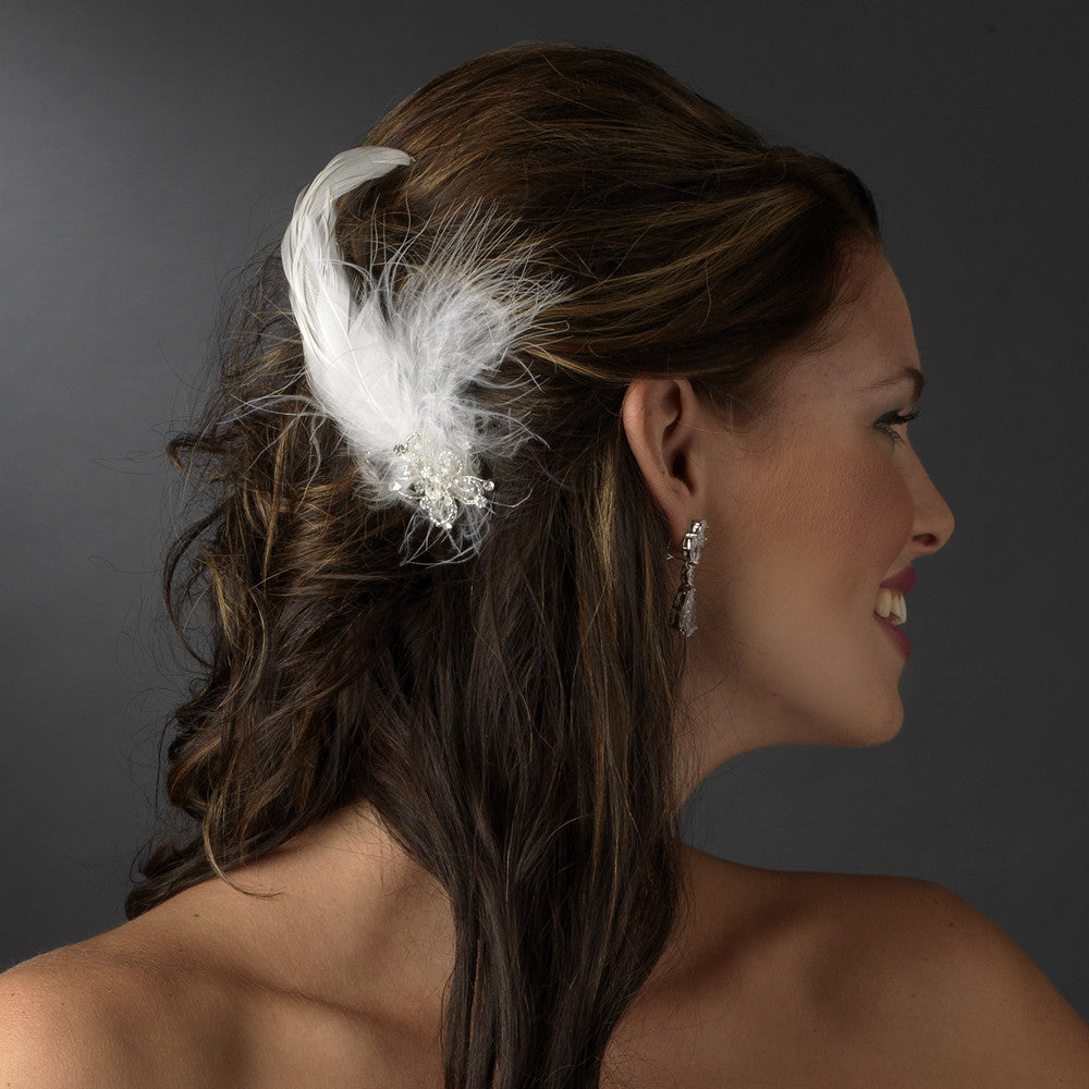 * Feather Tail Bridal Wedding Hair Comb with Floral Rhinestone Accent - Bridal Wedding Hair Comb 8403 White or Ivory