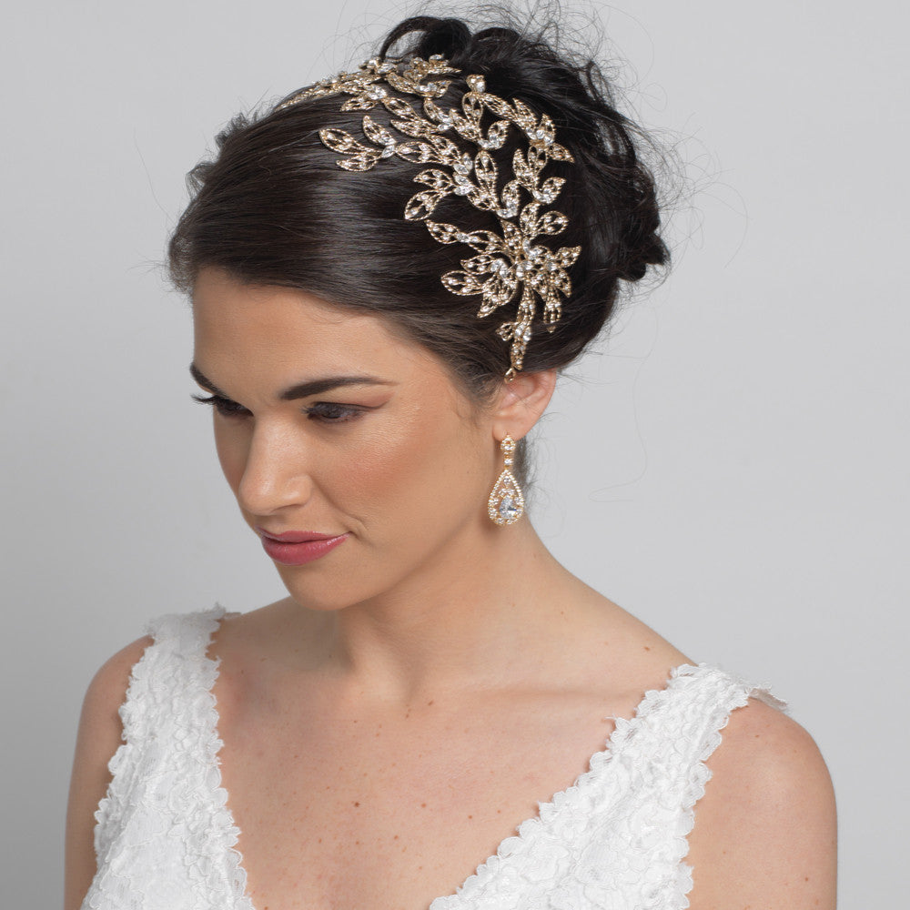 Light Gold Rhinestone Leaf Bridal Wedding Headband 1589