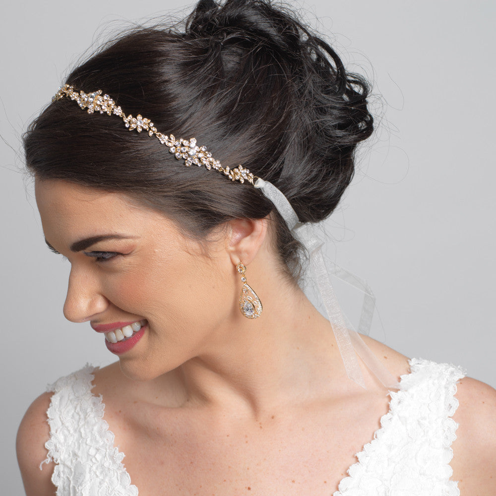 Gold Clear Rhinestone Bridal Wedding Ribbon Headband 3809