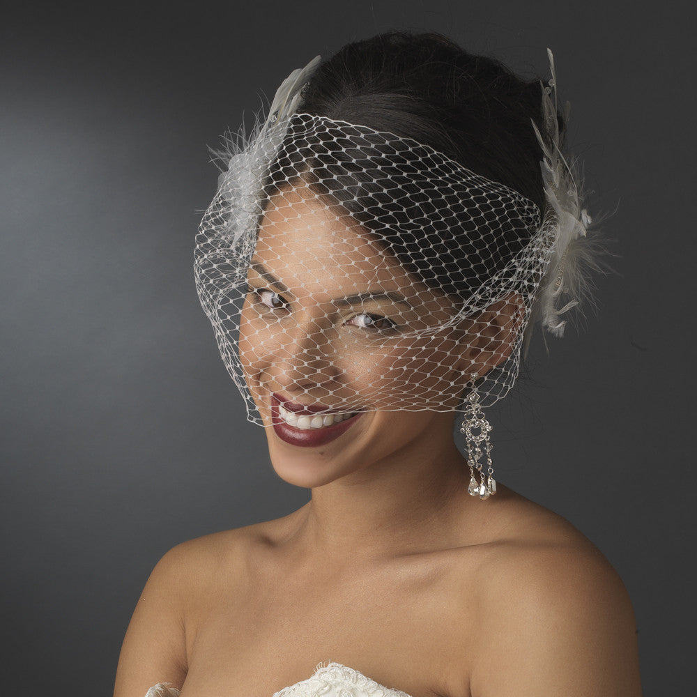 White or Ivory Bridal Wedding Cage Bridal Wedding Veil Feather Accent Bridal Wedding Hair Clip 1027