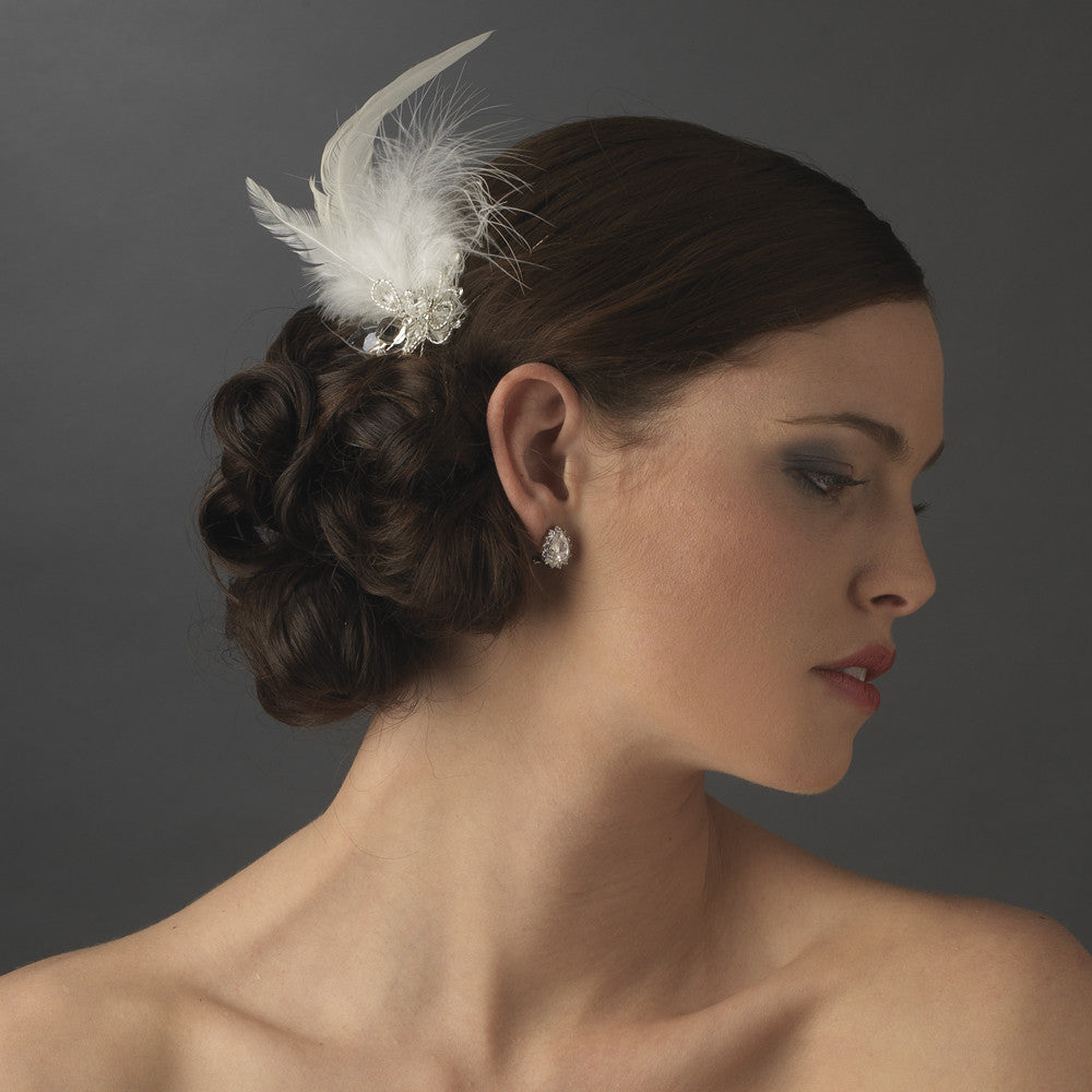 * Feather Tail Bridal Wedding Hair Comb with Floral Rhinestone Accent - Bridal Wedding Hair Comb 8403 White or Ivory