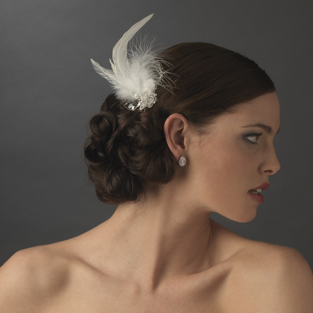 * Feather Tail Bridal Wedding Hair Comb with Floral Rhinestone Accent - Bridal Wedding Hair Comb 8403 White or Ivory