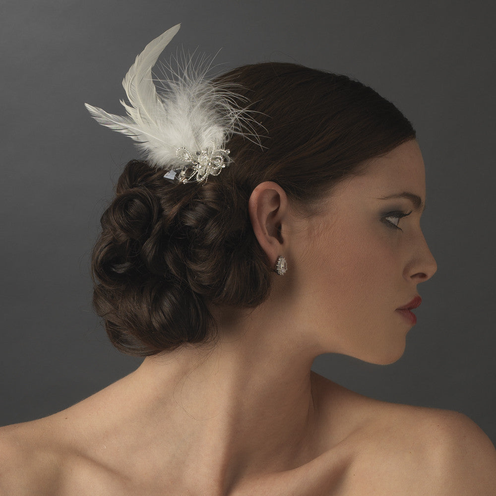 * Feather Tail Bridal Wedding Hair Comb with Floral Rhinestone Accent - Bridal Wedding Hair Comb 8403 White or Ivory