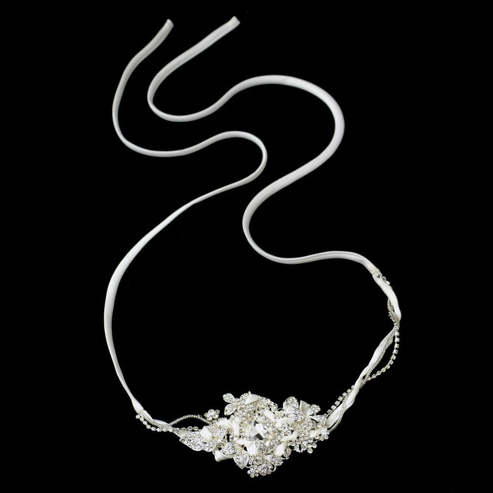 Ivory Matte Ribbon Floral side Bridal Wedding Headband with Rhinestones