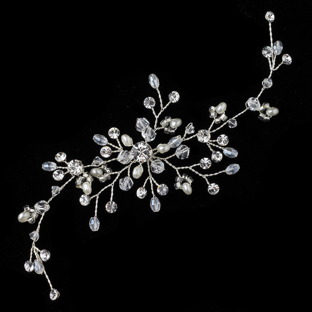 Silver Freshwater Pearl, Rhinestone Swarovski Crystal Bead Vine Bridal Wedding Hair Adornment Accent