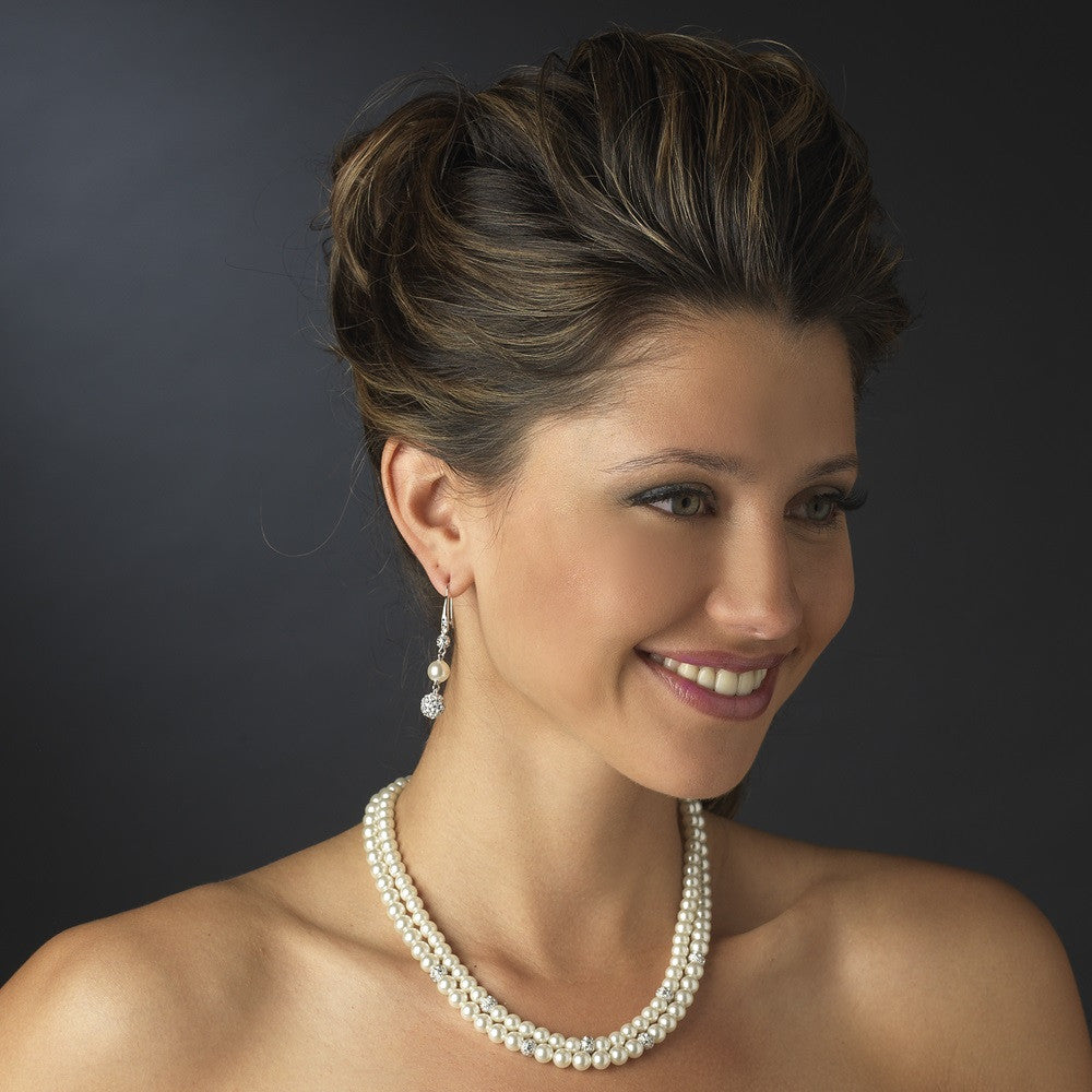 Silver Diamond White Pearl Bridal Wedding Necklace 8760 & Bridal Wedding Earrings 8767 Bridal Wedding Jewelry Set