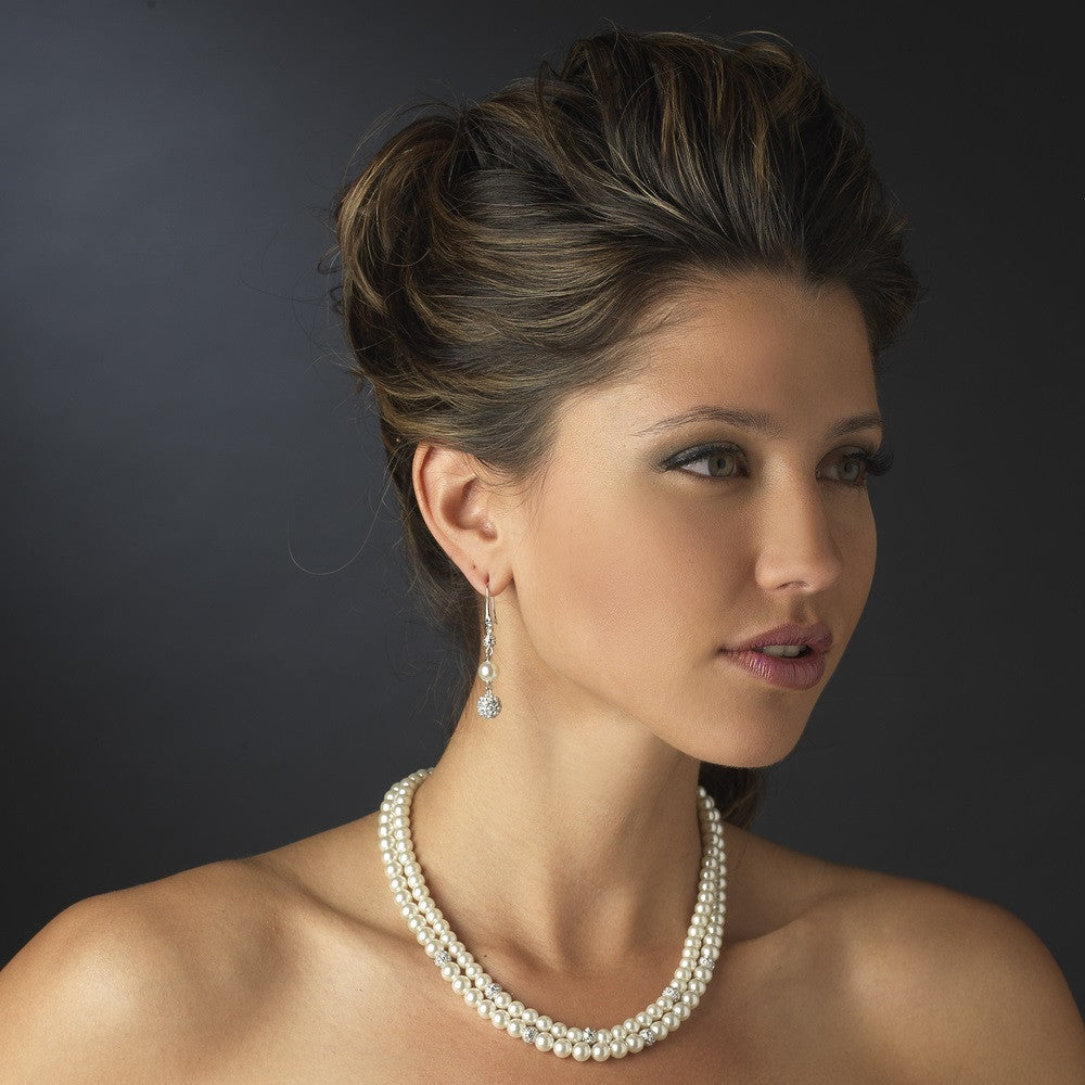 Silver Diamond White Pearl Bridal Wedding Necklace 8760 & Bridal Wedding Earrings 8767 Bridal Wedding Jewelry Set
