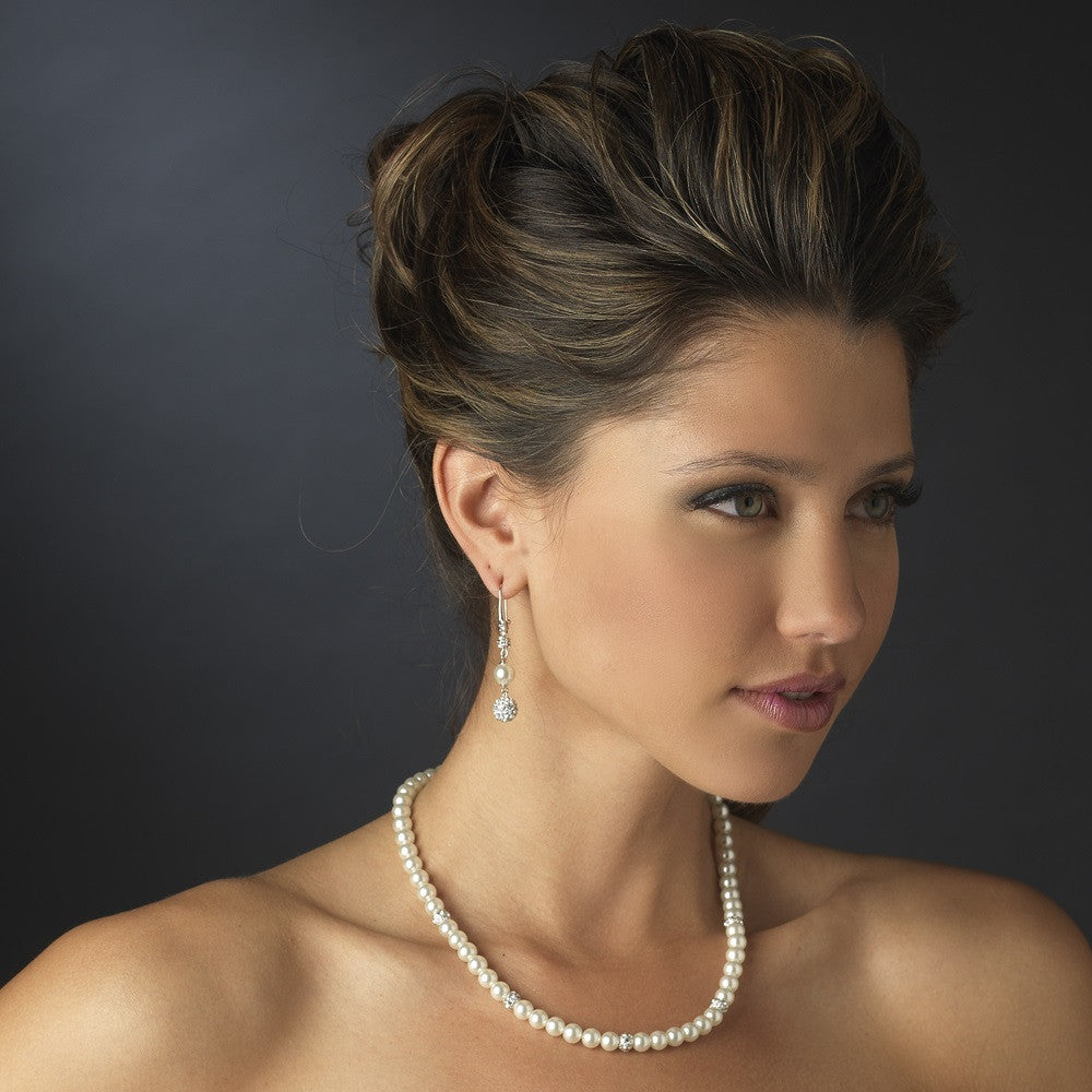 Silver Diamond White Pearl & Clear Rhinestone Pave Ball Necklace 8762 and 8767 Bridal Wedding Set