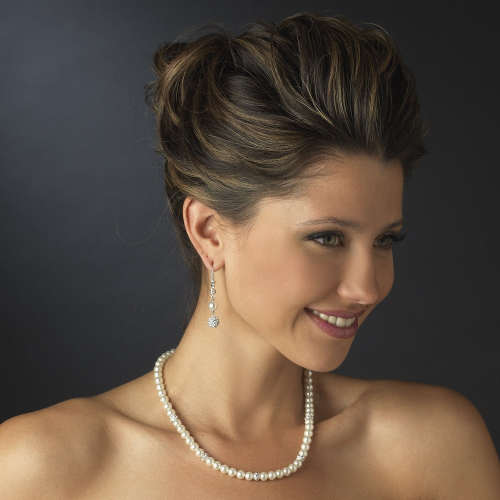 Silver Diamond White Pearl & Clear Rhinestone Pave Ball Necklace 8762 and 8767 Bridal Wedding Set