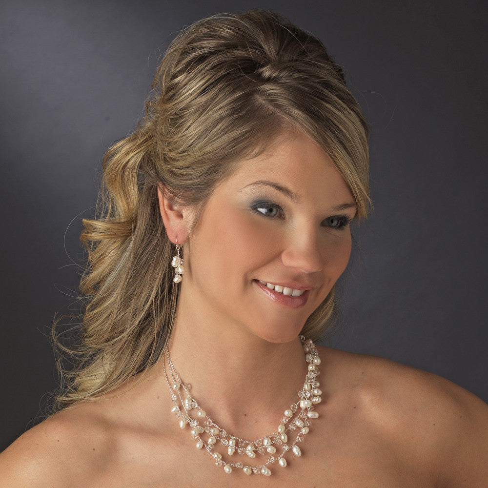 Silver Silk White Pearl Clear Crystal Bridal Wedding Necklace Earring Set 7829