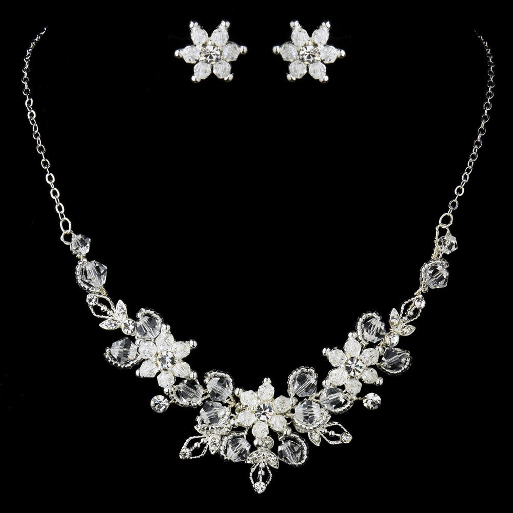 Silver Clear Rhinestone Swarovski Crystal Bead Floral Bridal Wedding Jewelry Set