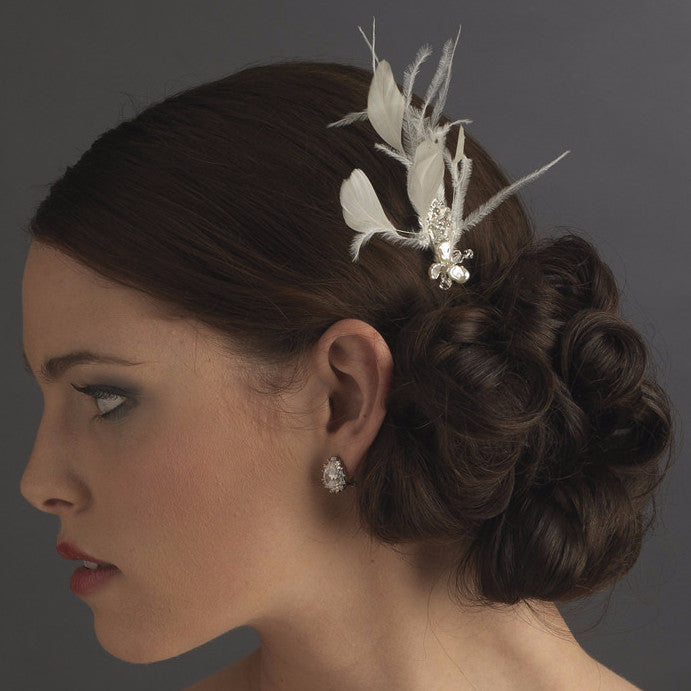 * Ivory Feather Rhinestone Swarovski Pearl Bridal Wedding Hair Pin Fascinator - Pin 113