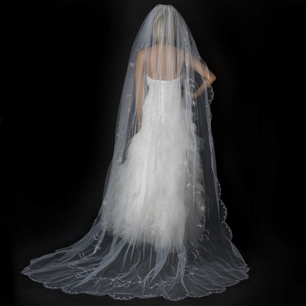 Single White Tier Cathedral Length Bridal Wedding Veil Accented in Flower Embroidery & Swarovski Crystals 67