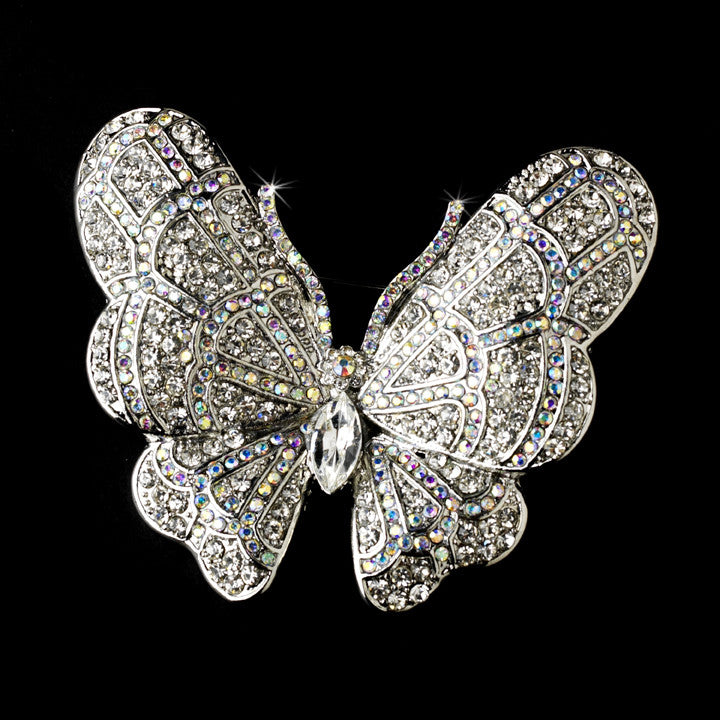 * Rhodium Silver Rhinestone Aurora Borealis Butterfly Bridal Wedding Hair Barrette 1024