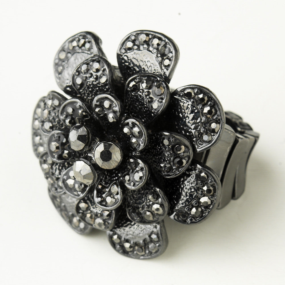 Hematite Smoked Crystal Flower Bridal Wedding Ring 9238