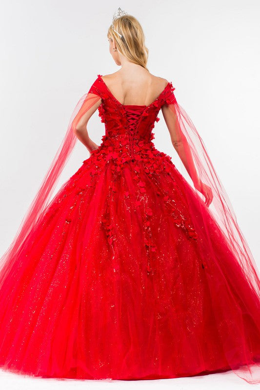 Red Floral Applique Glitter Quinceanera Ballgown