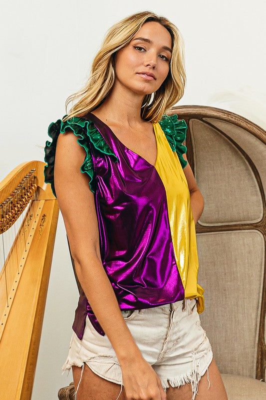 Purple/Mustard Mardi Gras Ruffled Metallic Top