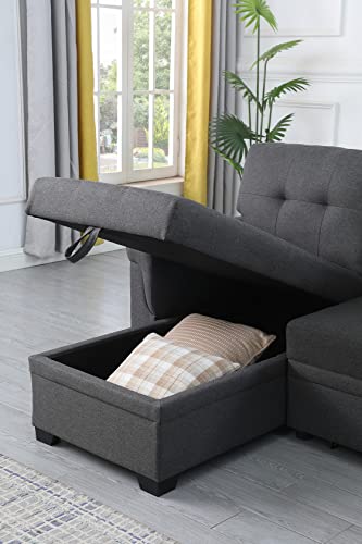 Lilola Home Linen Reversible Sleeper Sectional Sofa with Storage Chaise, Dark. Gray