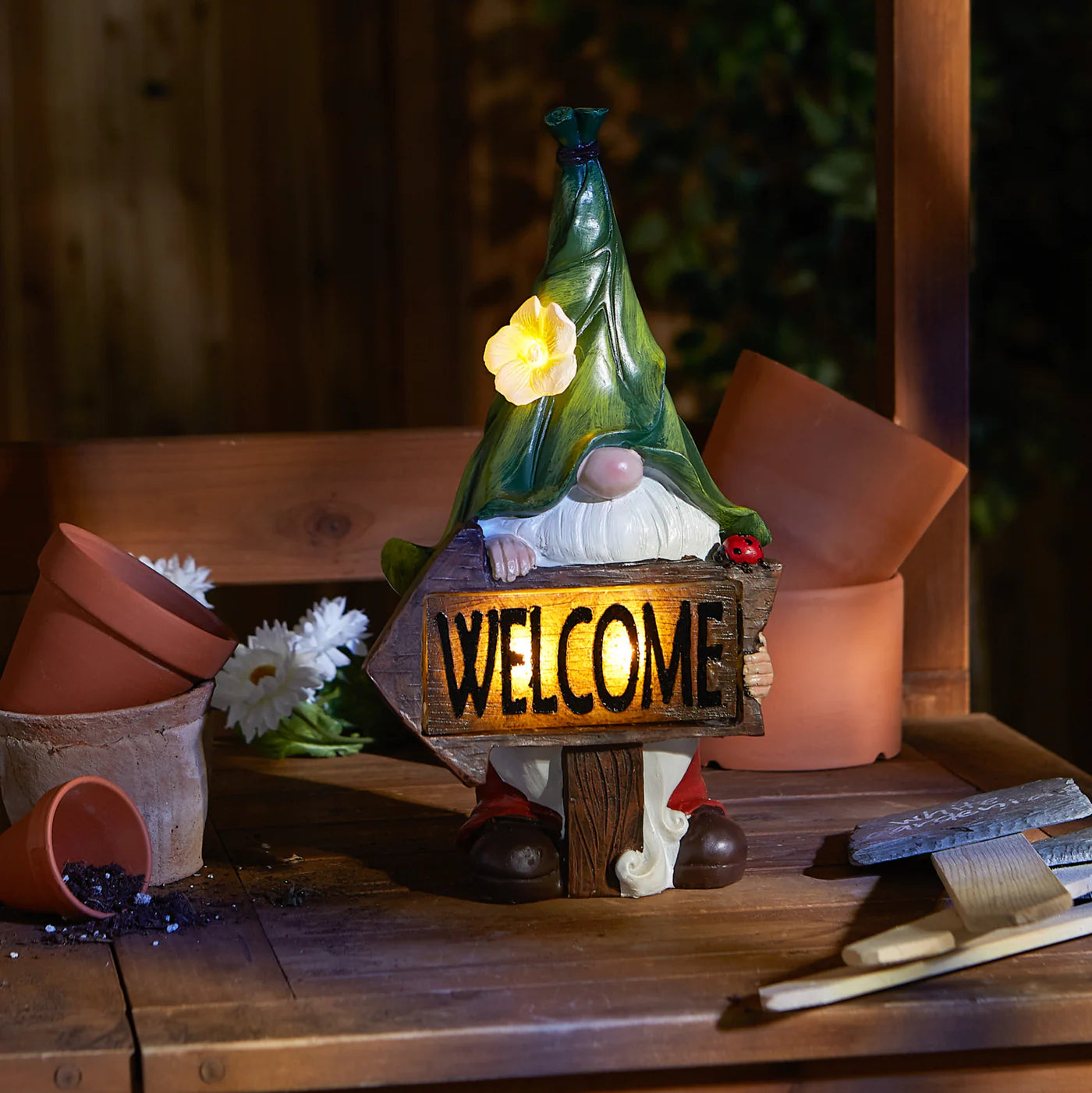 Gnome With Glowing Welcome Sign Solar Statue