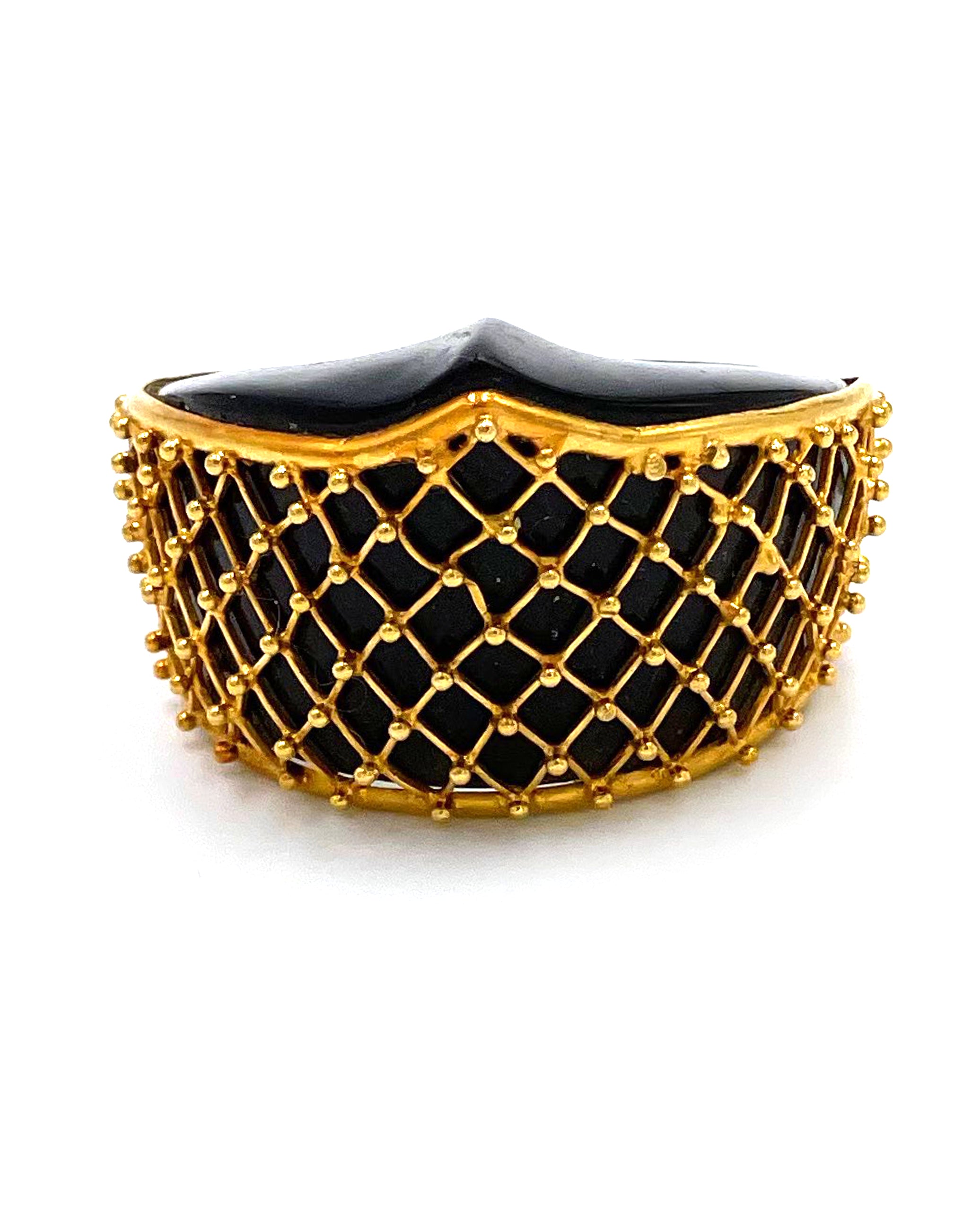 Pre-owned Vintage Unique 18K Yellow Gold and Black Glass Ring by Ilias Lalaounis