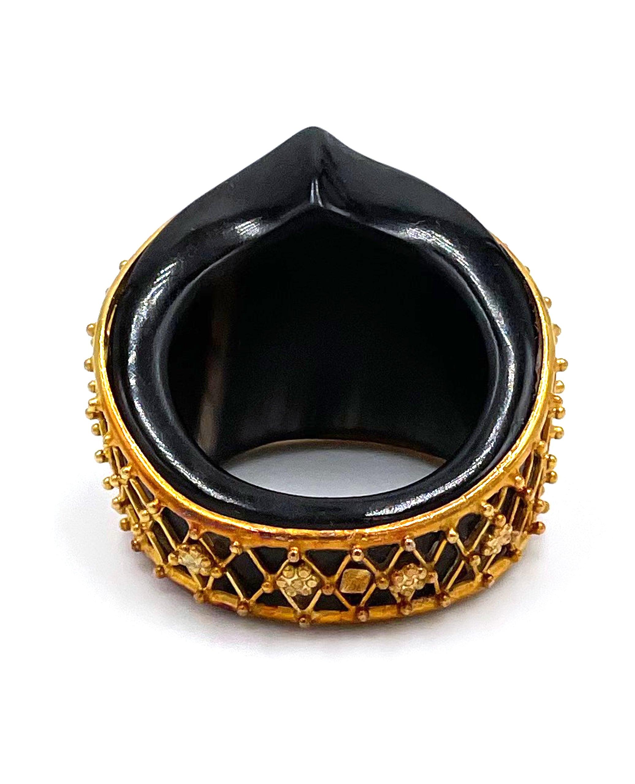 Pre-owned Vintage Unique 18K Yellow Gold and Black Glass Ring by Ilias Lalaounis