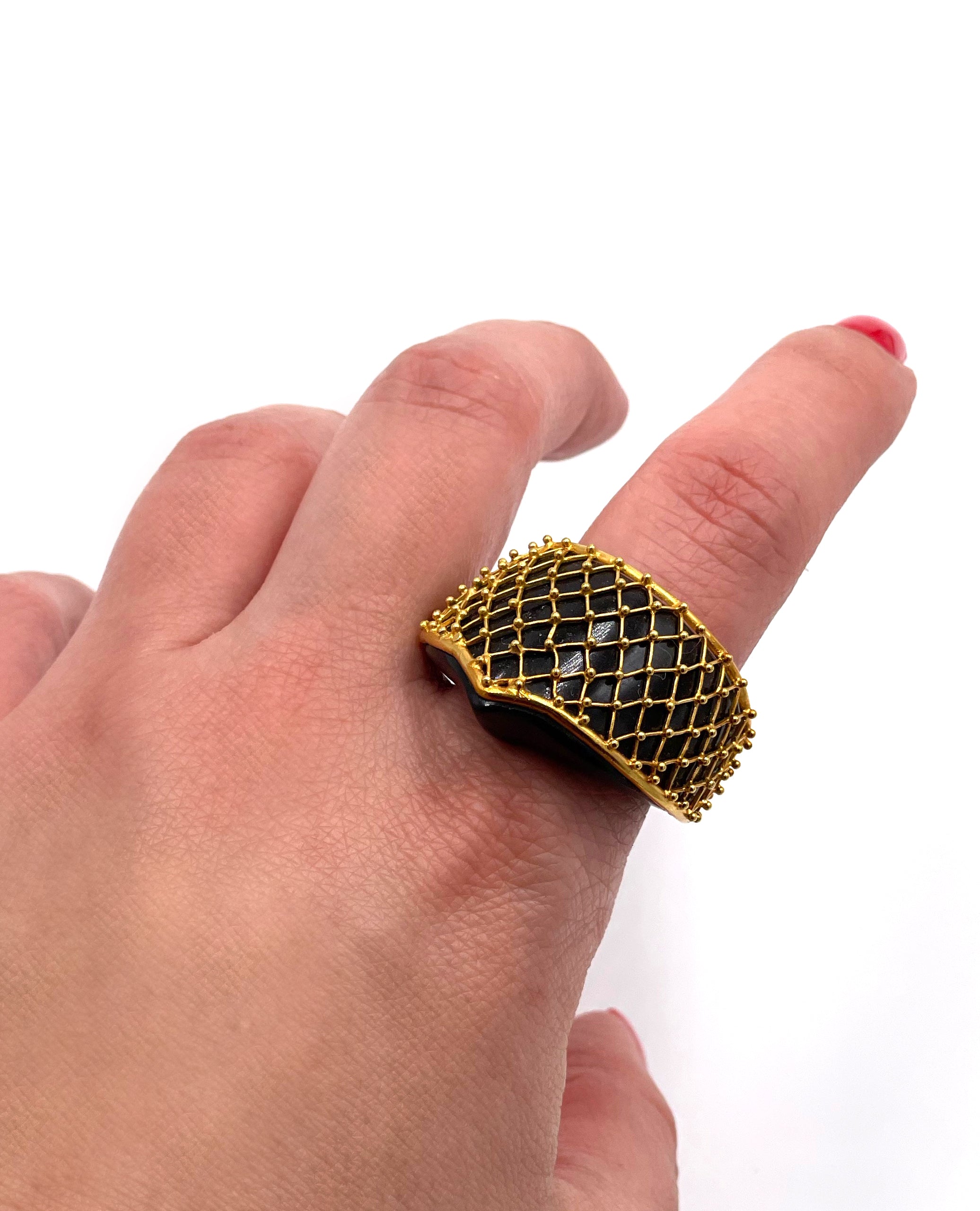 Pre-owned Vintage Unique 18K Yellow Gold and Black Glass Ring by Ilias Lalaounis