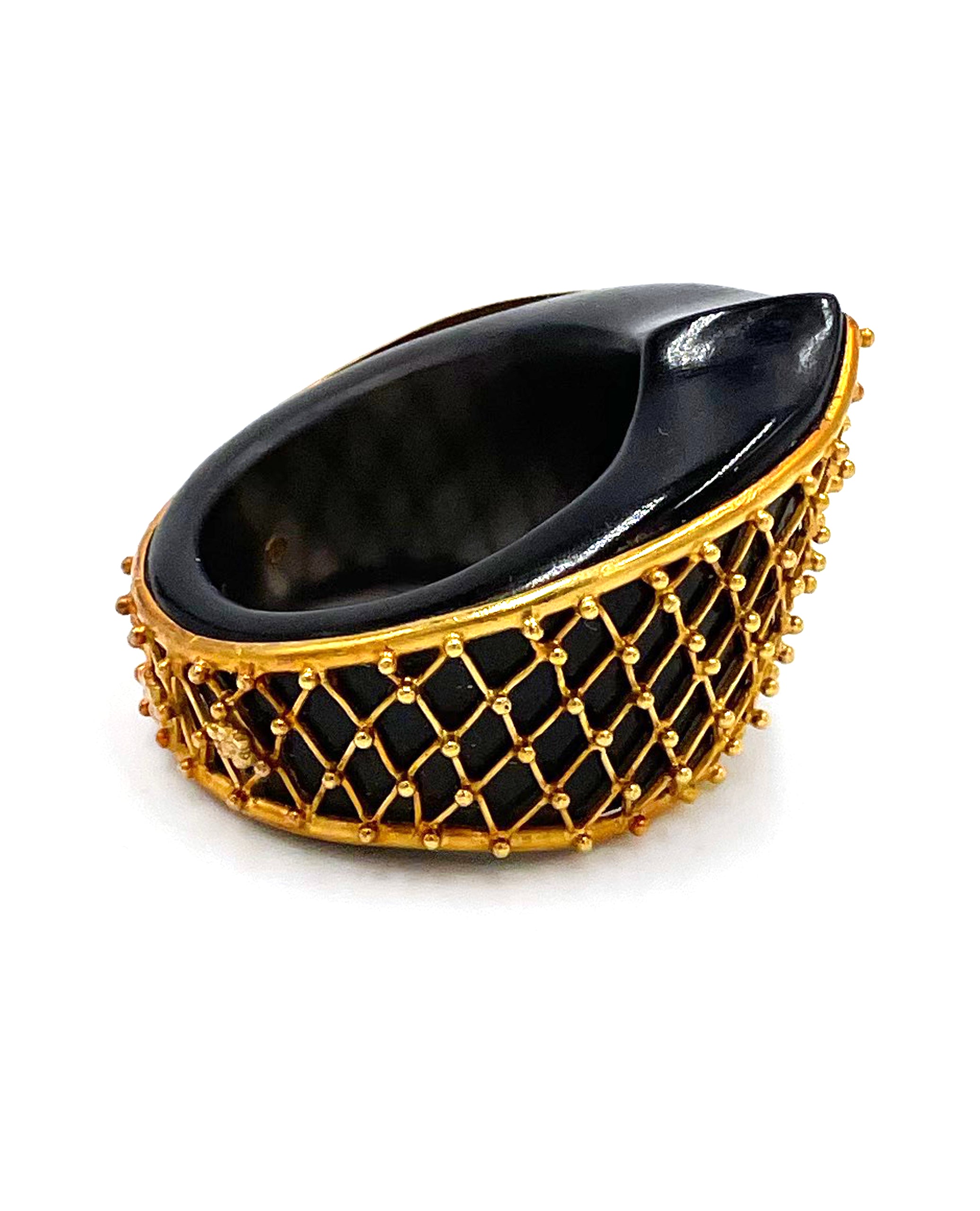 Pre-owned Vintage Unique 18K Yellow Gold and Black Glass Ring by Ilias Lalaounis