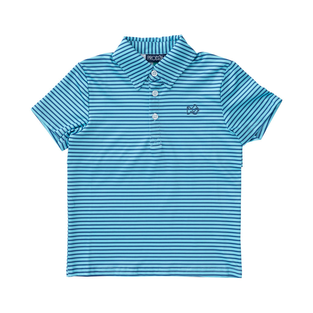 Boys Pro Performance Polo in Tropical Breeze Blue and Navy Stripe