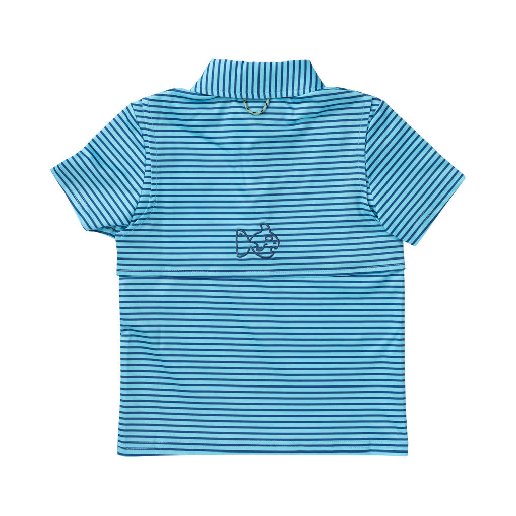 Boys Pro Performance Polo in Tropical Breeze Blue and Navy Stripe