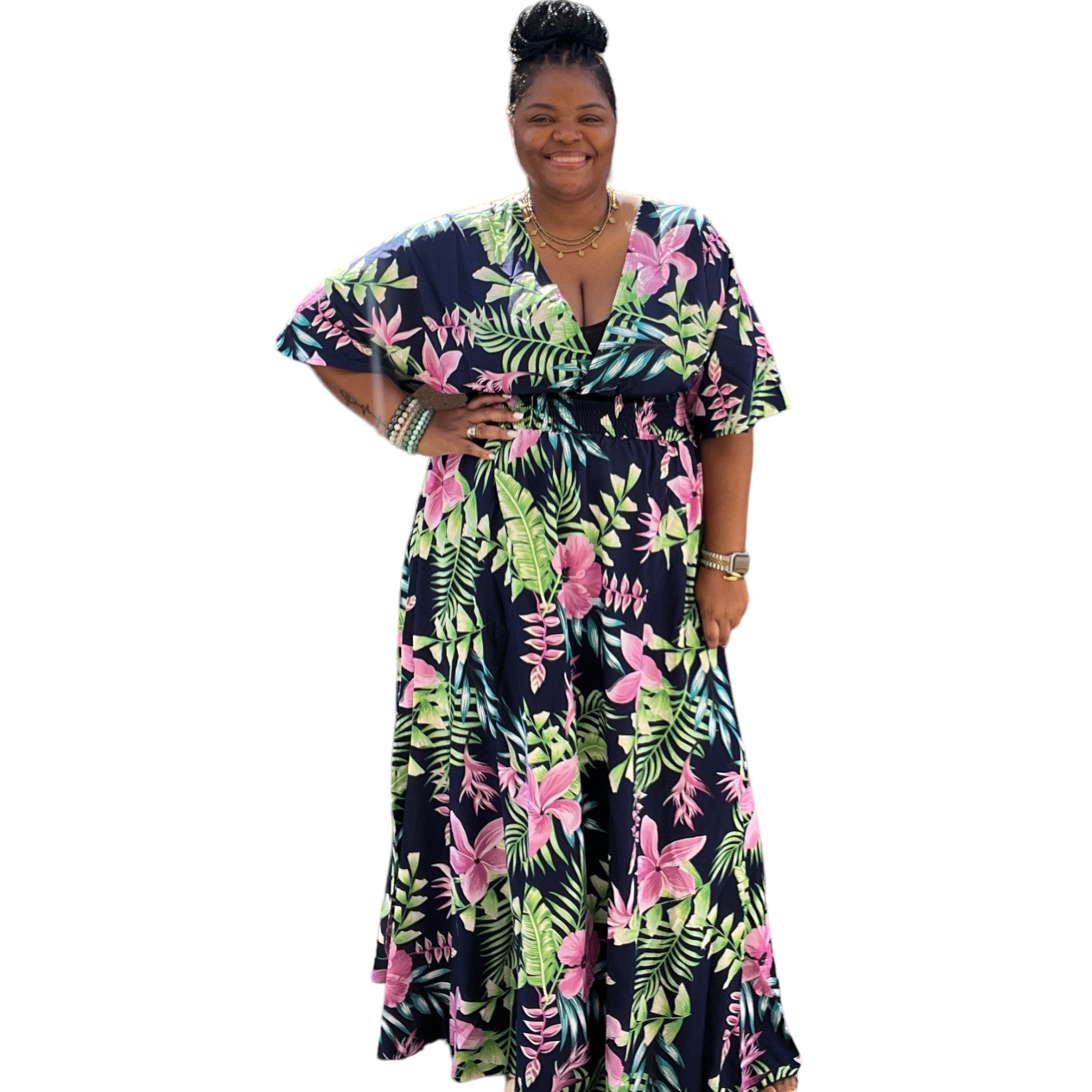 Plus Size Floral Tropical V Cut Maxi Dress