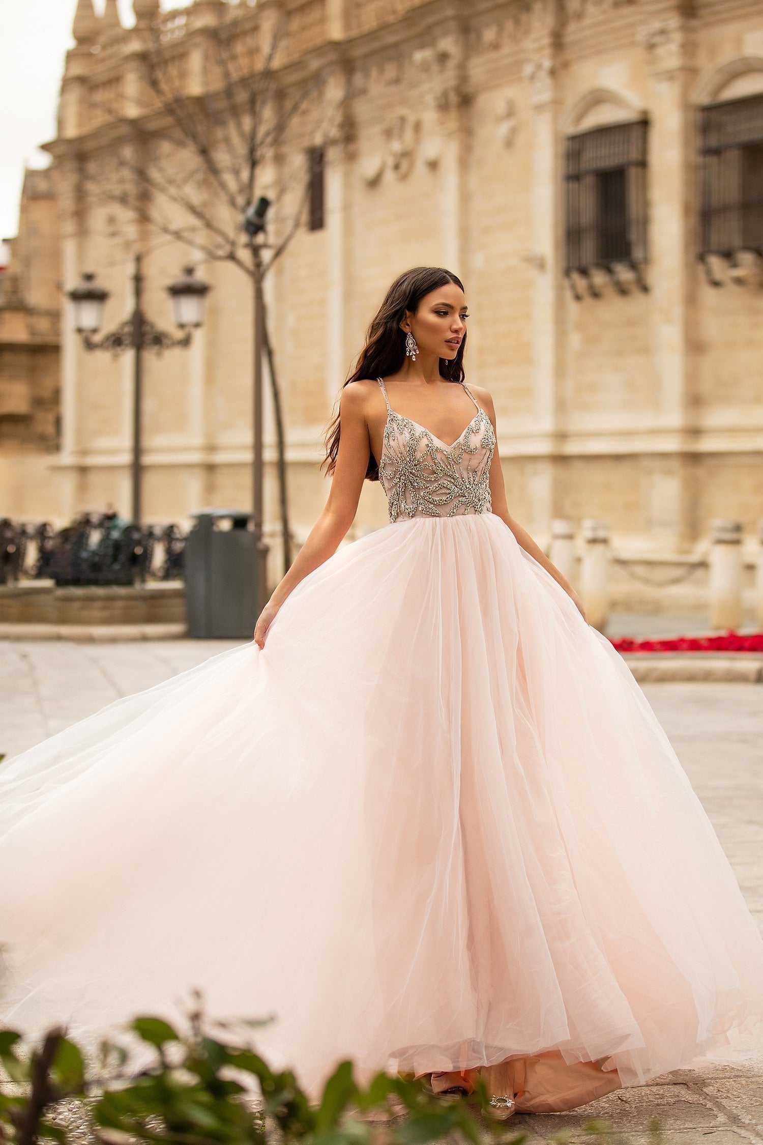 Litzy Beaded Tulle Gown - Baby Pink