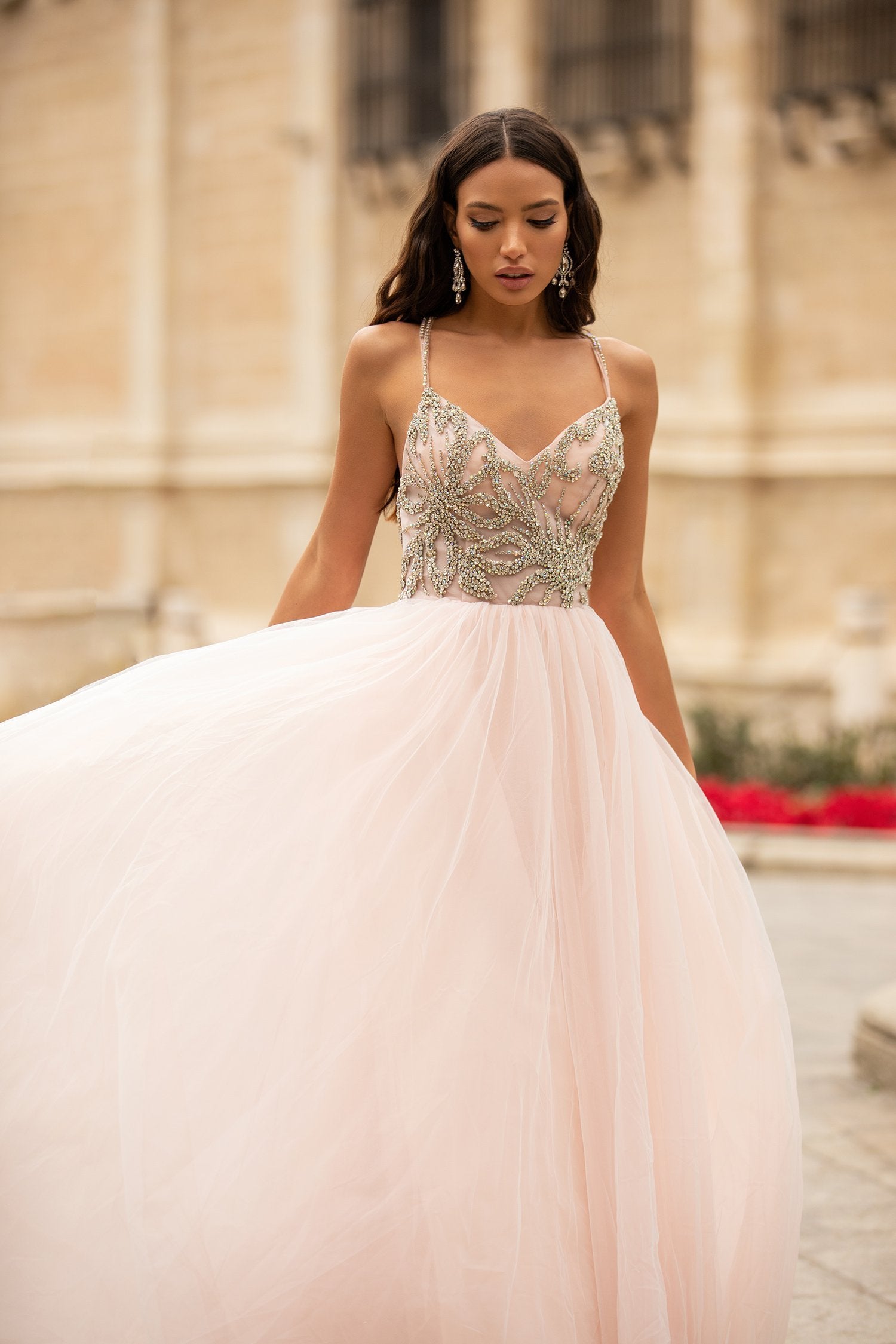 Litzy Beaded Tulle Gown - Baby Pink