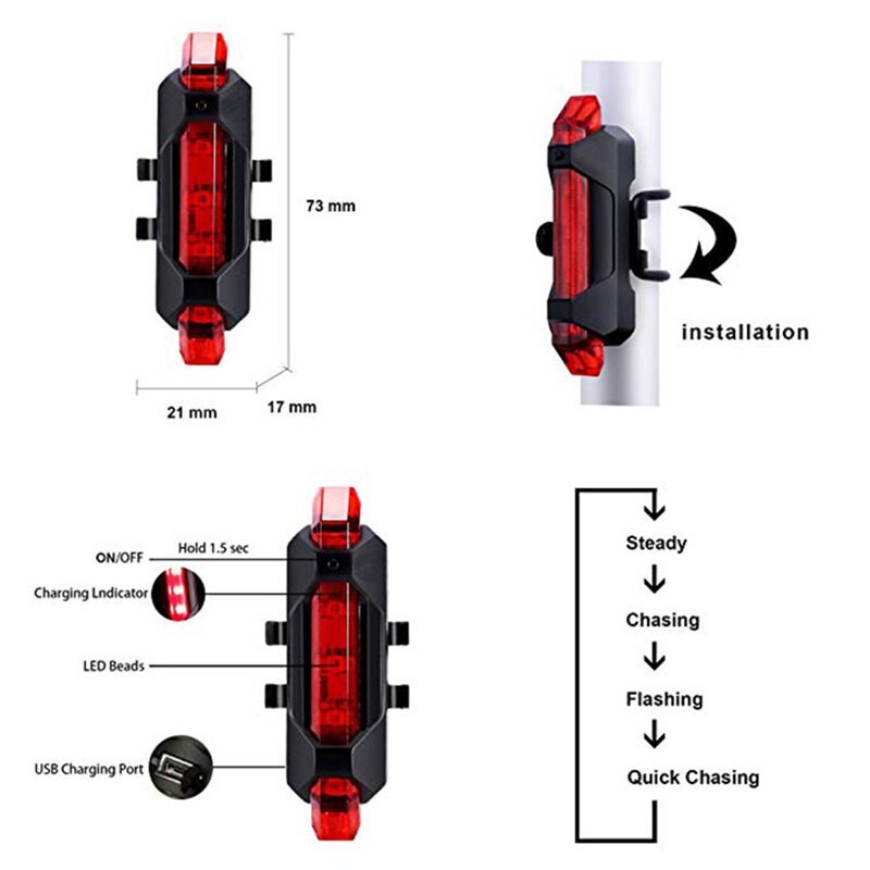 Bike Bicycle Light LED Rechargeable Tail Light USB Rear Tail Warning Safety Bike Light Super Bright Portable Flash Light