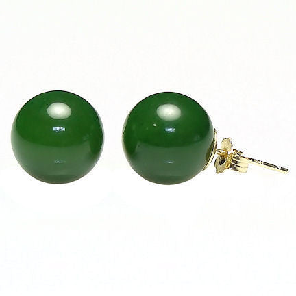 12mm Nephrite Green Jade Ball Stud Earrings 14K Gold