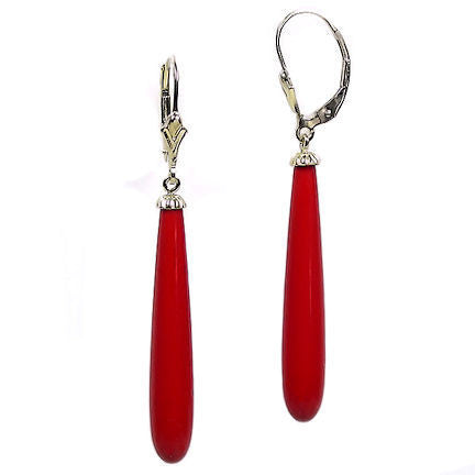 35mm Red Coral Teardrop Leverback Earrings 14K Yellow Gold