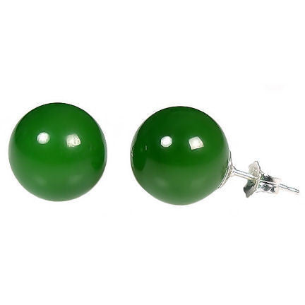 12mm Nephrite Green Jade Ball Stud Earrings 14K White
