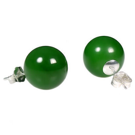 12mm Nephrite Green Jade Ball Stud Earrings 14K White