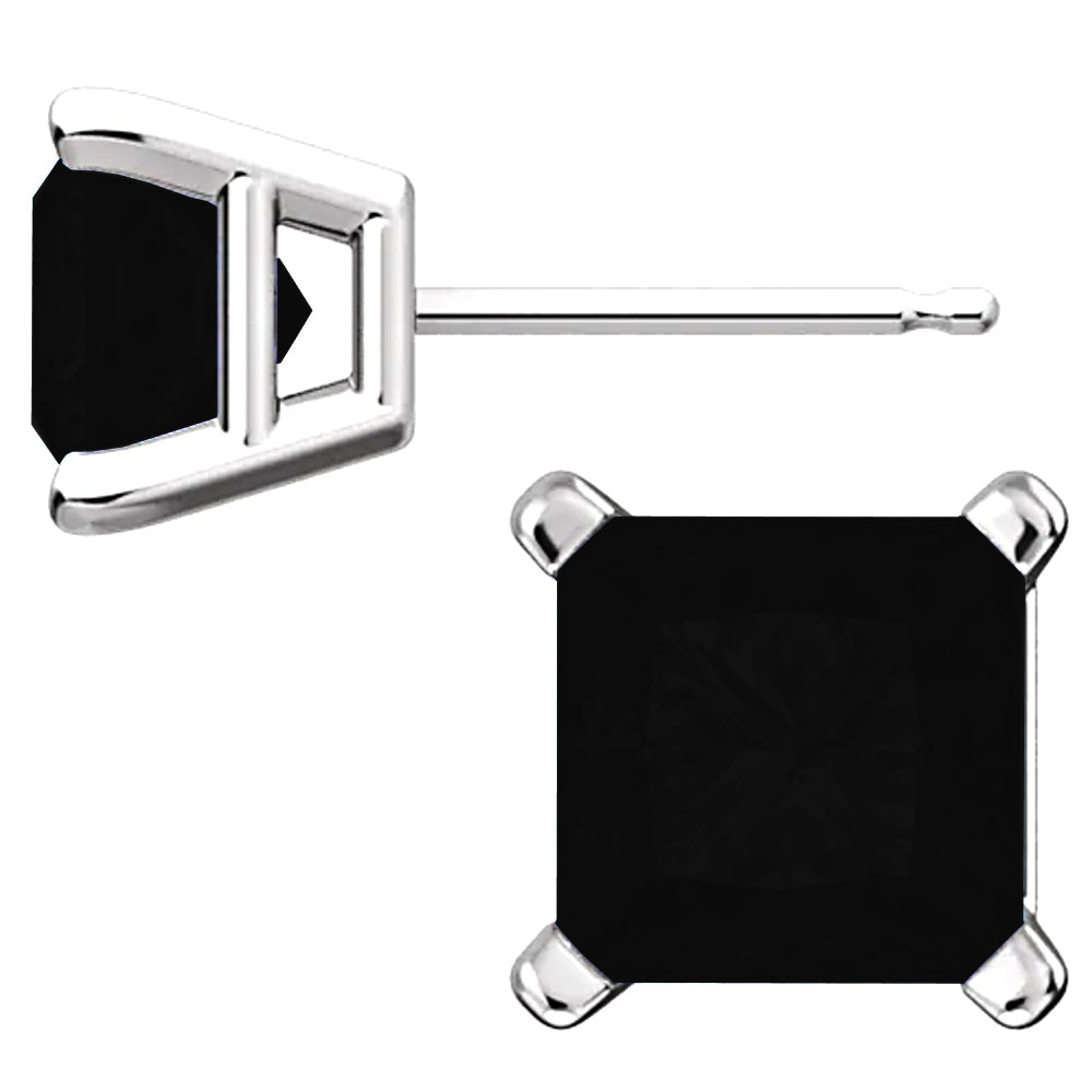 Sterling Silver Princess Cut Black Ice CZ Basket Set Stud Earrings