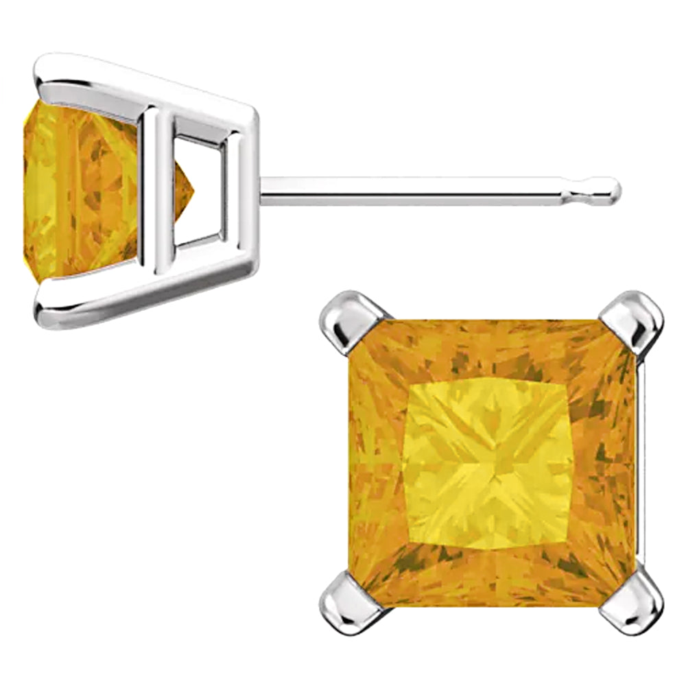 Sterling Silver Princess Cut Citrine Ice CZ Basket Set Stud Earrings